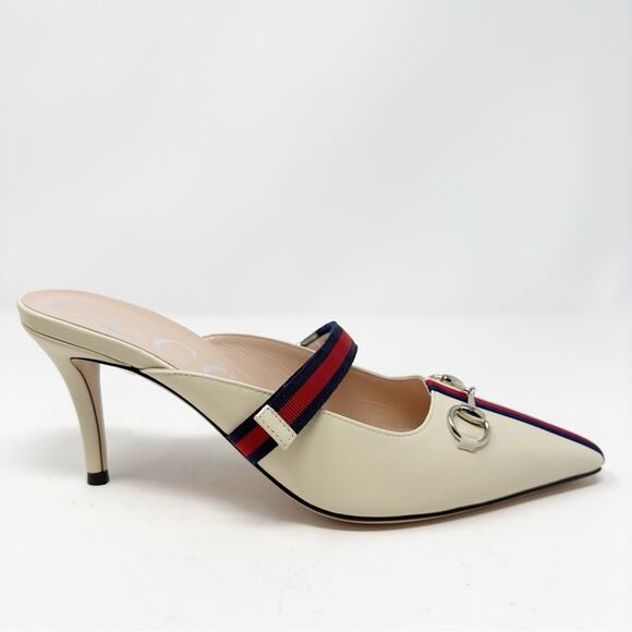 Gucci Emma White Leather Web Trim Mules Size 38.5 - Picture 7 of 12
